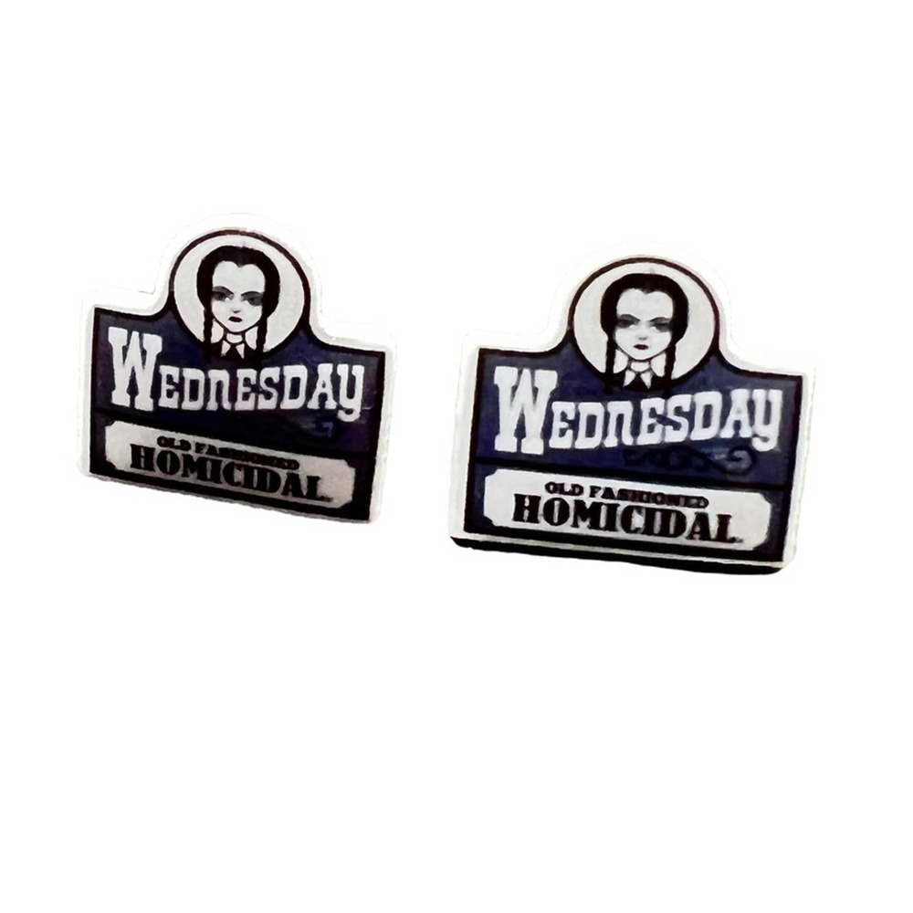 Wednesday Addams, Wendy’s logo small enamel stud earrings. Halloween goth. - Picture 5 of 9